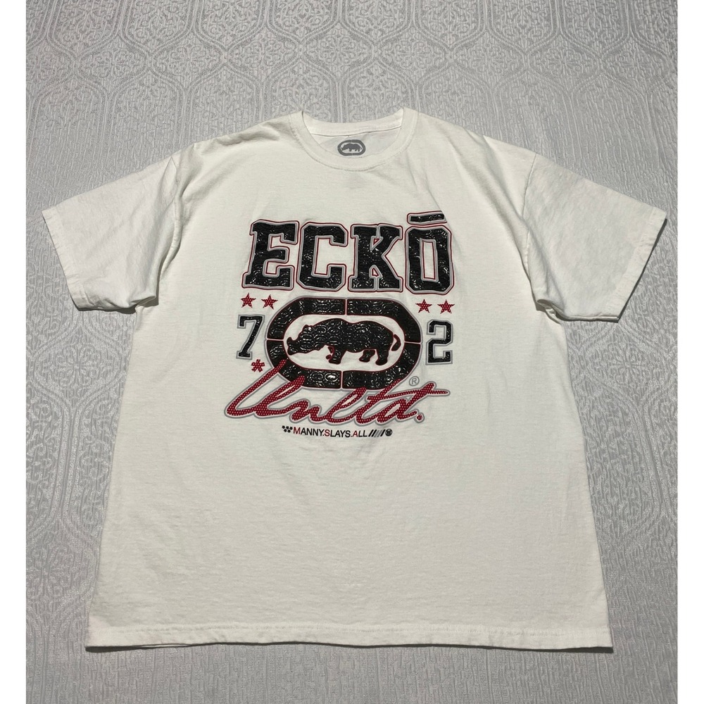 Ecko Unltd Mens XL White Graphic T-Shirt Rhino Manny Slays All Y2K Streetwear - Picture 1 of 5